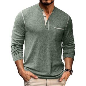 Coofandy Men Green Henley Long Sleeve Pullover Button T-Shirt  with Pocket